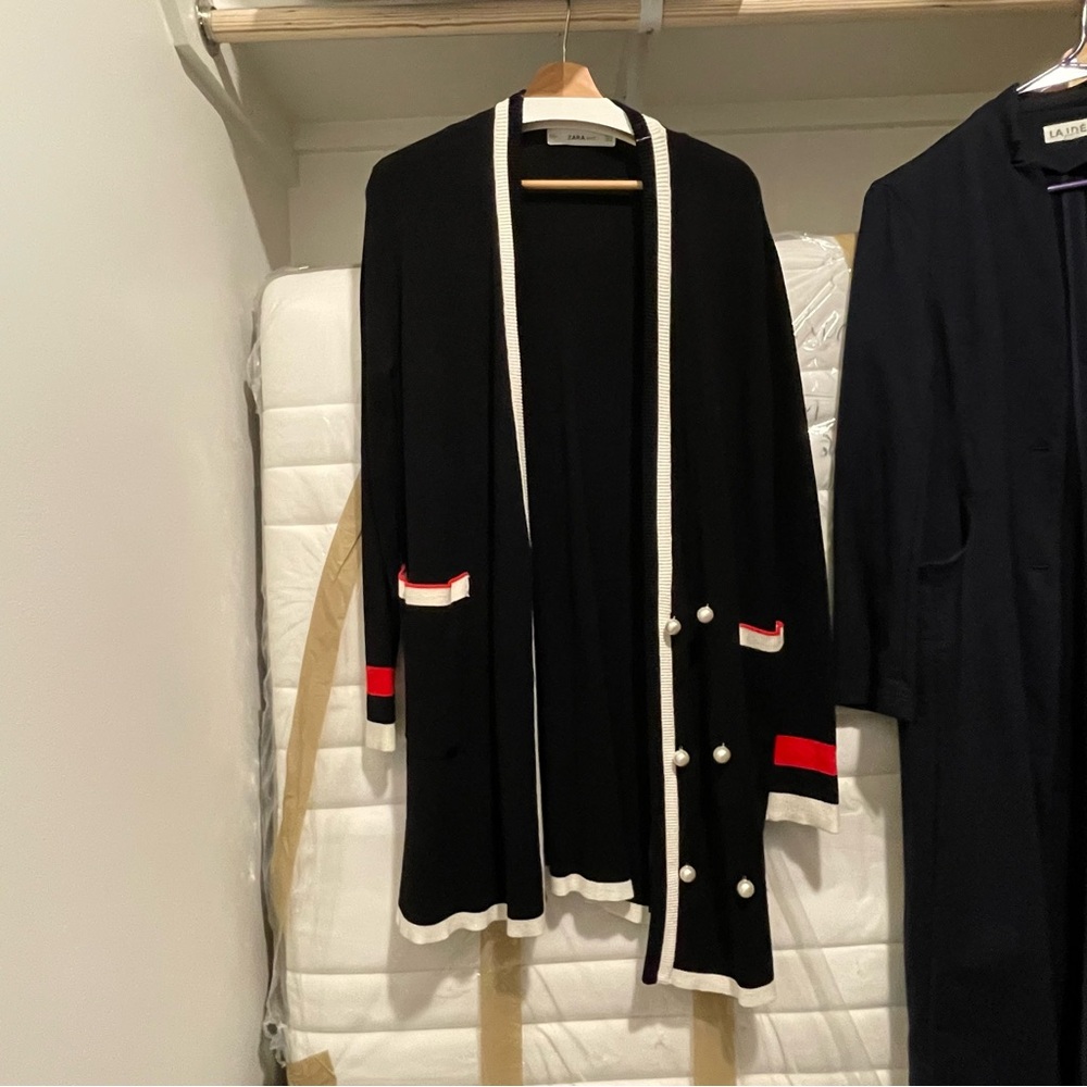 Zara Black and Red Cardigan Sweater Coat with Artificial Pearl buttons
